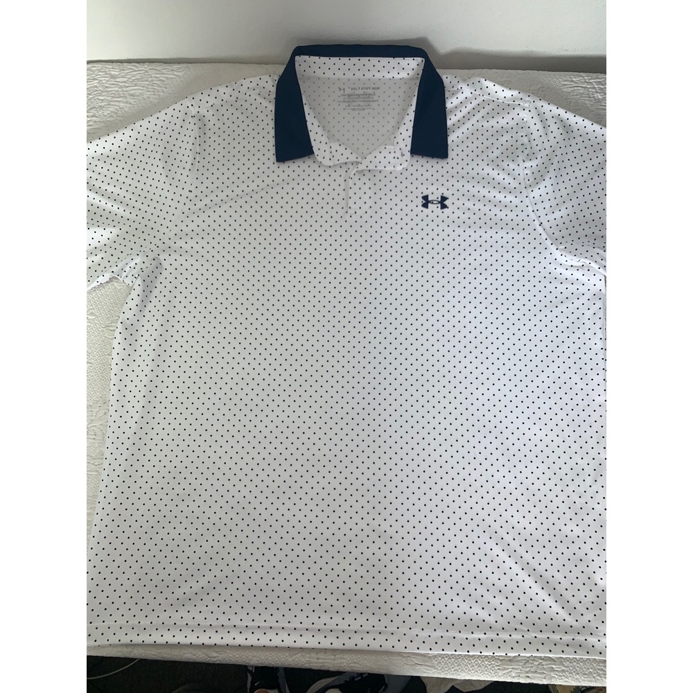 Under Armour Mens 3XL Performance Polo Shirt White Navy Polka Dot Golf Loose Fit